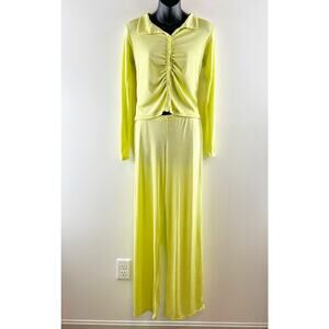 Boohoo Long Sleeve Button Up Shirt and Matching Wide Leg Pants Butter Yellow 8